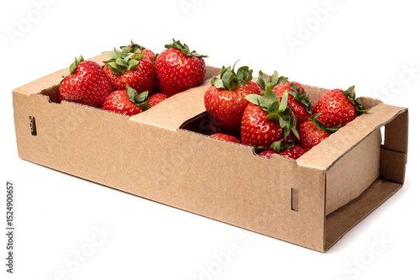 Fototapeta Healthy food and ingredients - Cardboard box full of natural organic ripe strawberries isolated on white background with built-in cutout outline