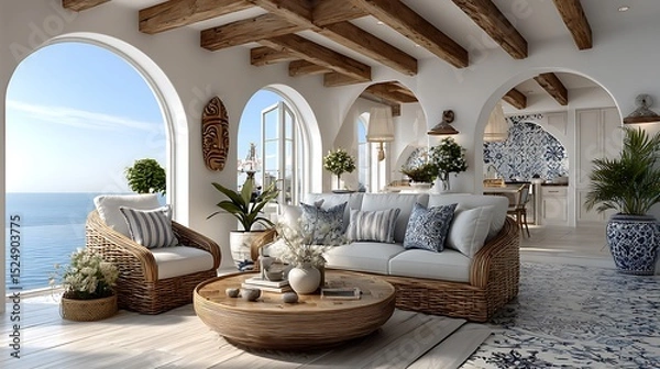 Fototapeta ethnic coastal aesthetic living room with serene ocean backdrop high resolution image