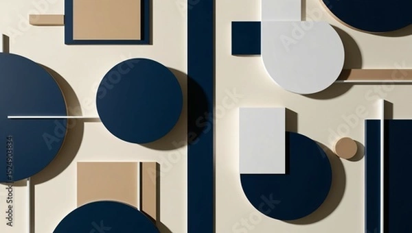 Fototapeta Modern geometric abstract wall art in navy, white, and beige. 3D minimalist design background.