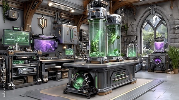 Fototapeta Futuristic sci-fi lab filled with glowing green vials and alien crystals high resolution image