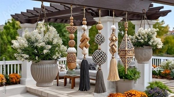 Fototapeta hanging wood and tassel ornaments from rustic pergola in garden courtyard for zen inspired outdoor ambiance high resolution image