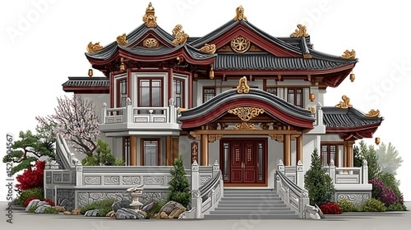 Fototapeta Historical Chinese structure with tiled roof patterns and golden dragons in serene garden high resolution image