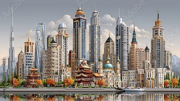 Fototapeta International skyline artwork showing modern high-rises and classical temple architecture high resolution image