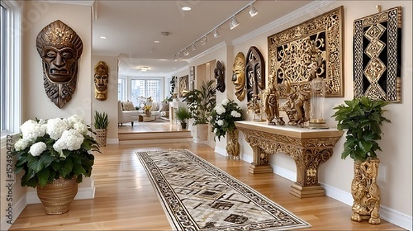 Fototapeta Interior hallway artfully displaying heritage wooden carvings and museum-style layout high resolution image
