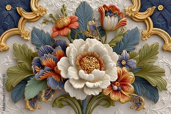 Fototapeta Intricate luxury flower wall decor with gilded petal textures and embossed foliage high resolution image