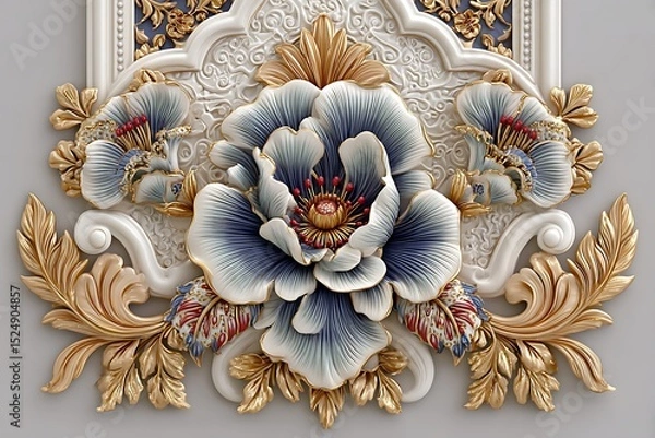 Fototapeta luxurious 3d floral wall art with golden embossed petals and ornate leaves high resolution image