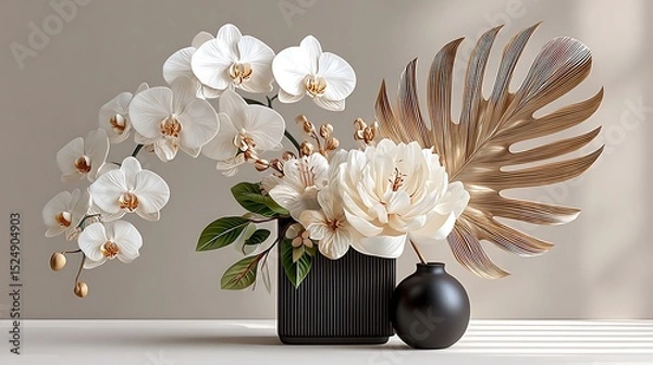 Fototapeta Luxurious tropical flower setup with ivory blooms and artistic dried leaves in sculptural black pottery high resolution image