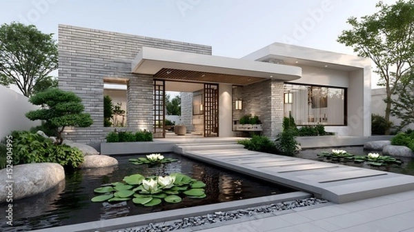 Fototapeta Luxury home facade with ornamental lanterns and lush zen landscaping high resolution image