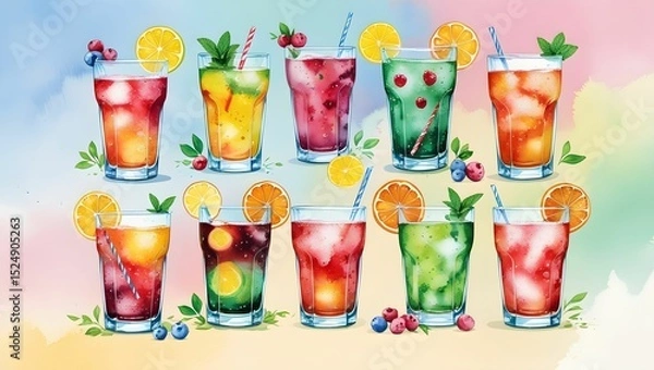 Fototapeta Vibrant watercolor illustration of assorted flavored soda cans with fresh citrus, berries, and tropical fruits. Perfect party background with bright, fun colors and soft gradient.