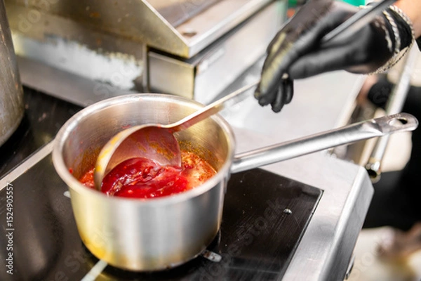 Fototapeta A professional chef stirs a vibrant red tomato sauce in a stainless steel pot using a ladle, wearing a black glove. The scene captures a culinary moment in a kitchen, highlighting food preparation