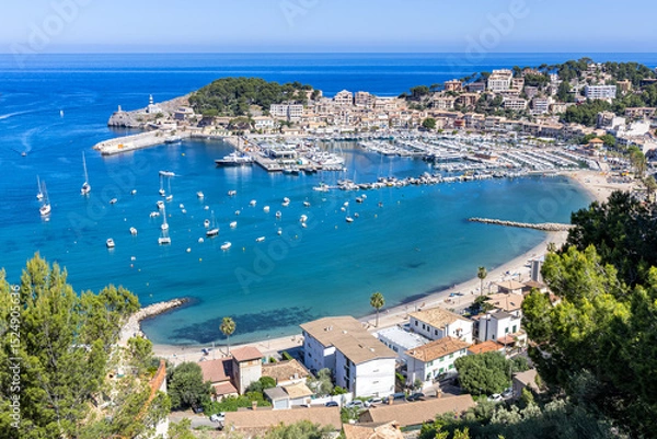 Fototapeta Port de Soller on Mallorca island from above marina with boats holiday by the sea beach in Spain