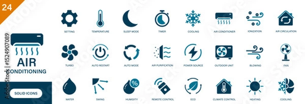 Fototapeta Air conditioning icon. Containing cooling, ionization, blowing, heating, swing. Solid vector icons collection.
