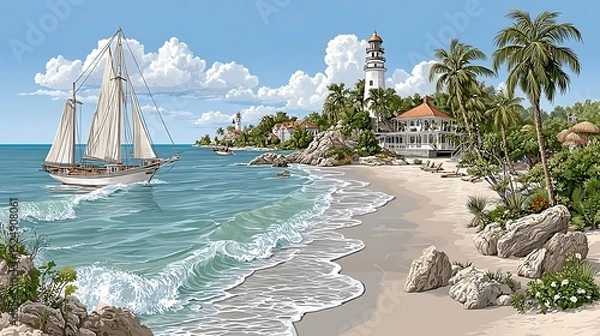 Fototapeta Seaside escape with anchored sailboats exotic flowers and lighthouse tower high resolution image