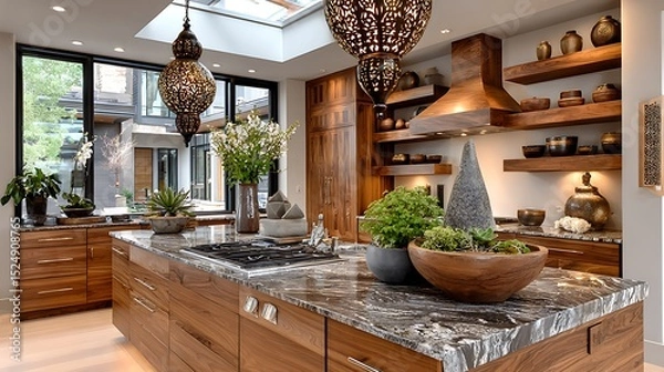 Fototapeta stylish kitchen setting with bonsai centerpiece and crafted backsplash high resolution image