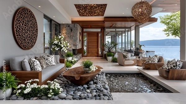 Fototapeta Stylish modern seaside patio with white cushions and potted greenery high resolution image