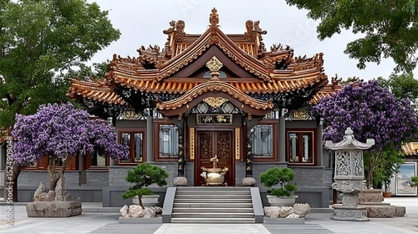 Fototapeta Traditional Chinese temple with curved roofs golden ornaments and blossom trees in courtyard high resolution image