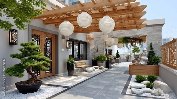 Fototapeta tranquil asian courtyard featuring decorative gate and landscaped rock path high resolution image