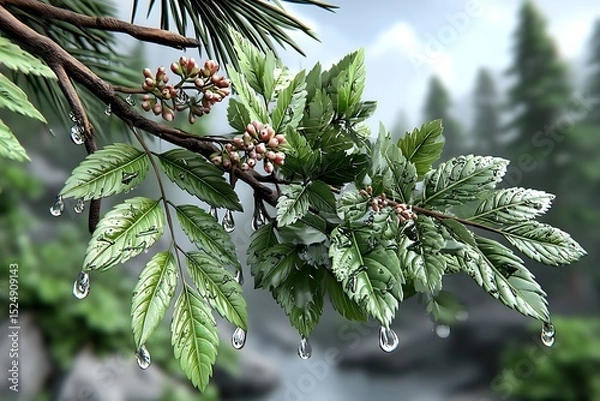 Fototapeta Tranquil branch with rain-soaked leaves and blossoms in early dawn light high resolution image