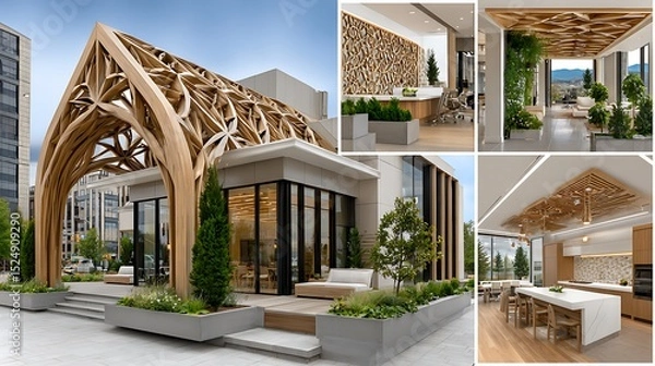 Fototapeta tranquil modern workspace with nature-inspired layout and furnishings high resolution image