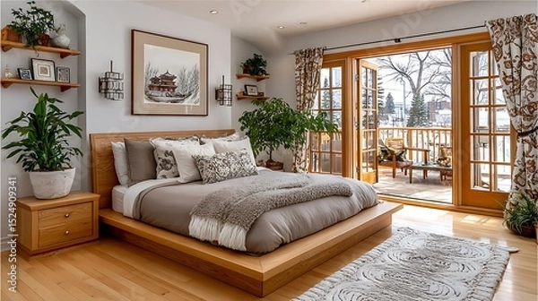 Fototapeta tranquil room setting with layered bedding and potted greenery accents high resolution image