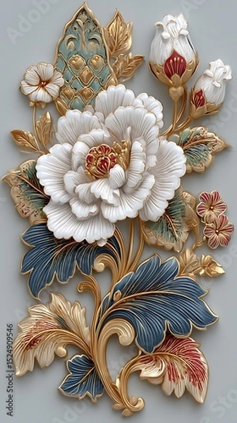 Fototapeta vertical 3d floral emboss artwork with layered petals and golden leaves high resolution image