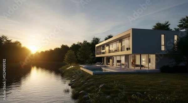 Fototapeta Modern House by Lake at Sunset