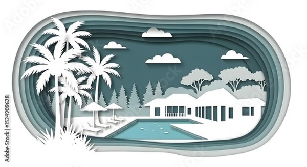Fototapeta Tropical House with Pool and Palm Tree Paper Cut Design