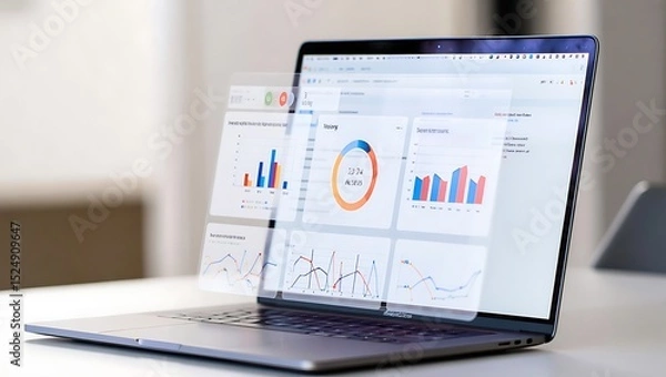 Obraz Floating Educational Analytics UI Above Laptop Displaying Student Performance Metrics and Data Visualizations