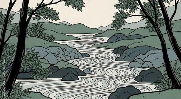Fototapeta River Flows Through Nature Scene Illustration
