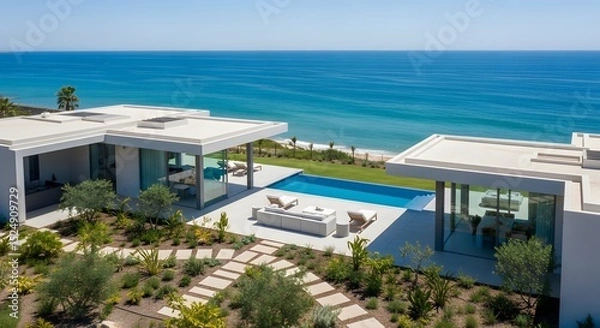 Fototapeta Modern Home Exterior with Pool and Ocean View