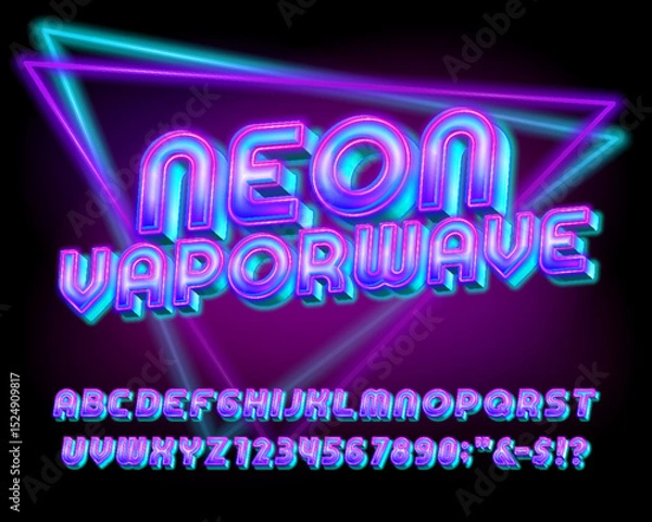 Fototapeta Neon Vaporwave alphabet font. Bright neon 80s style letters and numbers. Abstract polygonal background. Stock vector typeface for your design.