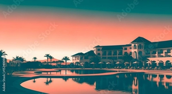 Fototapeta Resort Swimming Pool Sunset with Palm Trees