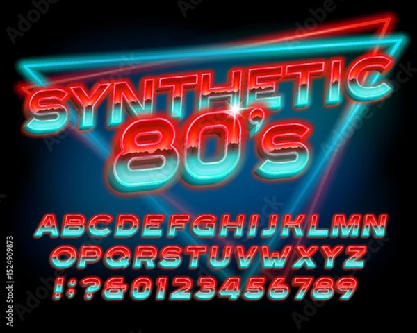 Fototapeta Synthetic 80s alphabet font. 3d neon 80s style letters and numbers. Stock vector typeface for your design.