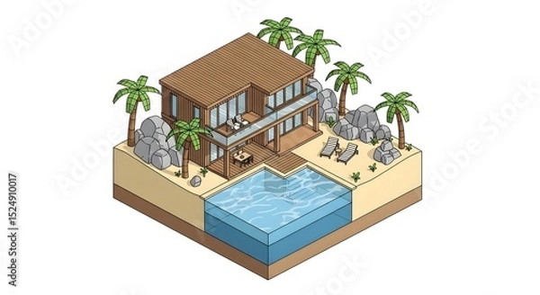 Fototapeta Beach House Isometric View with Pool and Palms