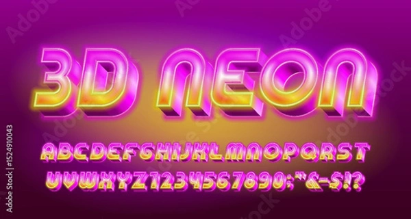 Fototapeta 3D Neon alphabet font. Glowing neon 80s style letters and numbers. Abstract polygonal background. Stock vector typeface for your design.