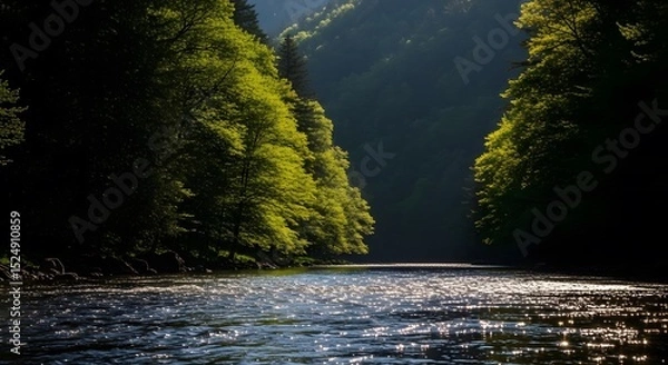 Fototapeta River Flowing Through Forest of Trees