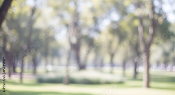 Fototapeta Blurred Park View with Trees and Green Grass