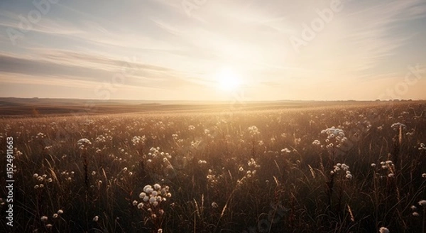 Fototapeta Field with Grass and Flower at Sunset