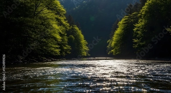 Fototapeta River Flowing Between Trees in Forest