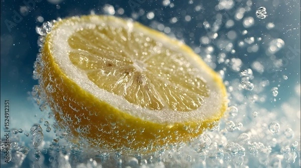 Fototapeta A vibrant lemon slice splashing in sparkling water, creating bubbles against a blue background