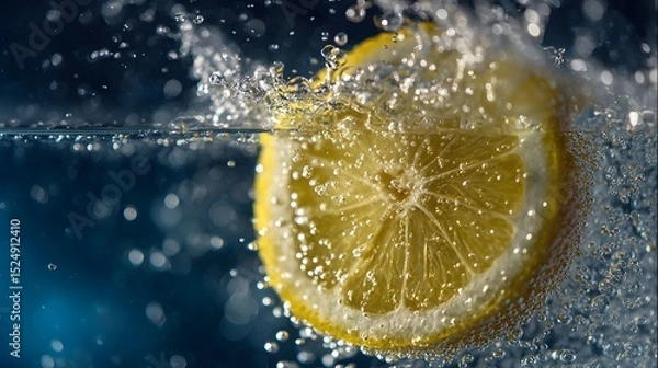 Fototapeta A vibrant lemon slice splashes into clear water, creating bubbles and ripples against a blue backdrop