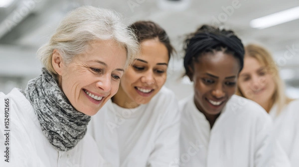 Obraz group of diverse women engineers collaborating on groundbreaking project in modern lab
