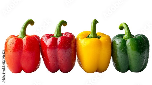 Obraz Four colorful bell peppers red, yellow, and green, arranged in a row on transparent background