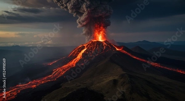 Obraz Volcanic Eruption, Lava Flow, Mountain Range, Aerial Photo, Dramatic Landscape, Overhead View, Natural Phenomenon