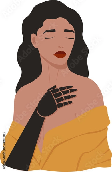 Fototapeta Woman character showing power strength of new bionic arms prosthesis. Happy disabled girl