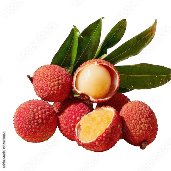 Obraz Fresh lychees, whole and sliced, with leaves