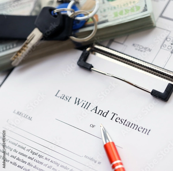 Fototapeta Pen and keys on Last will and testament form and planning blueprints of residential building project