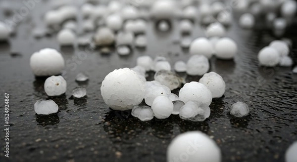 Obraz Close-up of large white hailstones scattered across wet asphalt surface after intense storm, showing texture and scale