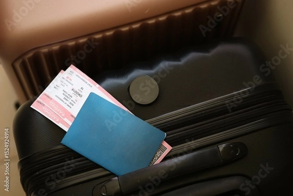 Fototapeta Empty passport with tickets lies on touristic suitcase close up in airport waiting hall