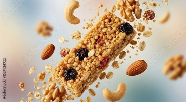 Obraz Close-up of a crunchy granola bar with nuts, oats, and berries floating in mid-air, representing healthy snack concept